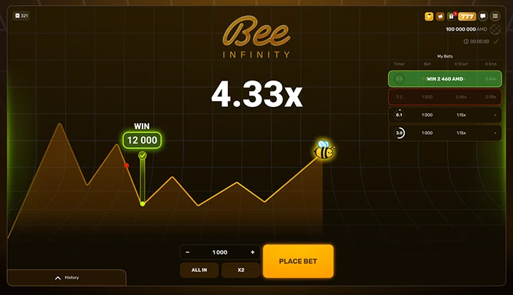 BeeInfinity desktop view with a won bet