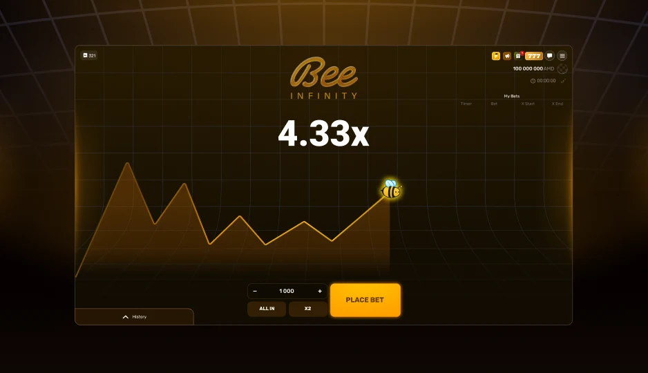 BeeInfinity playing field with the coefficient line and no open bets