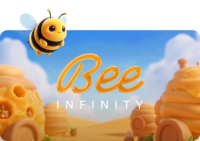 BeeInfinity artwork: a cartoon bee above the Bee Infinity logo with honey houses